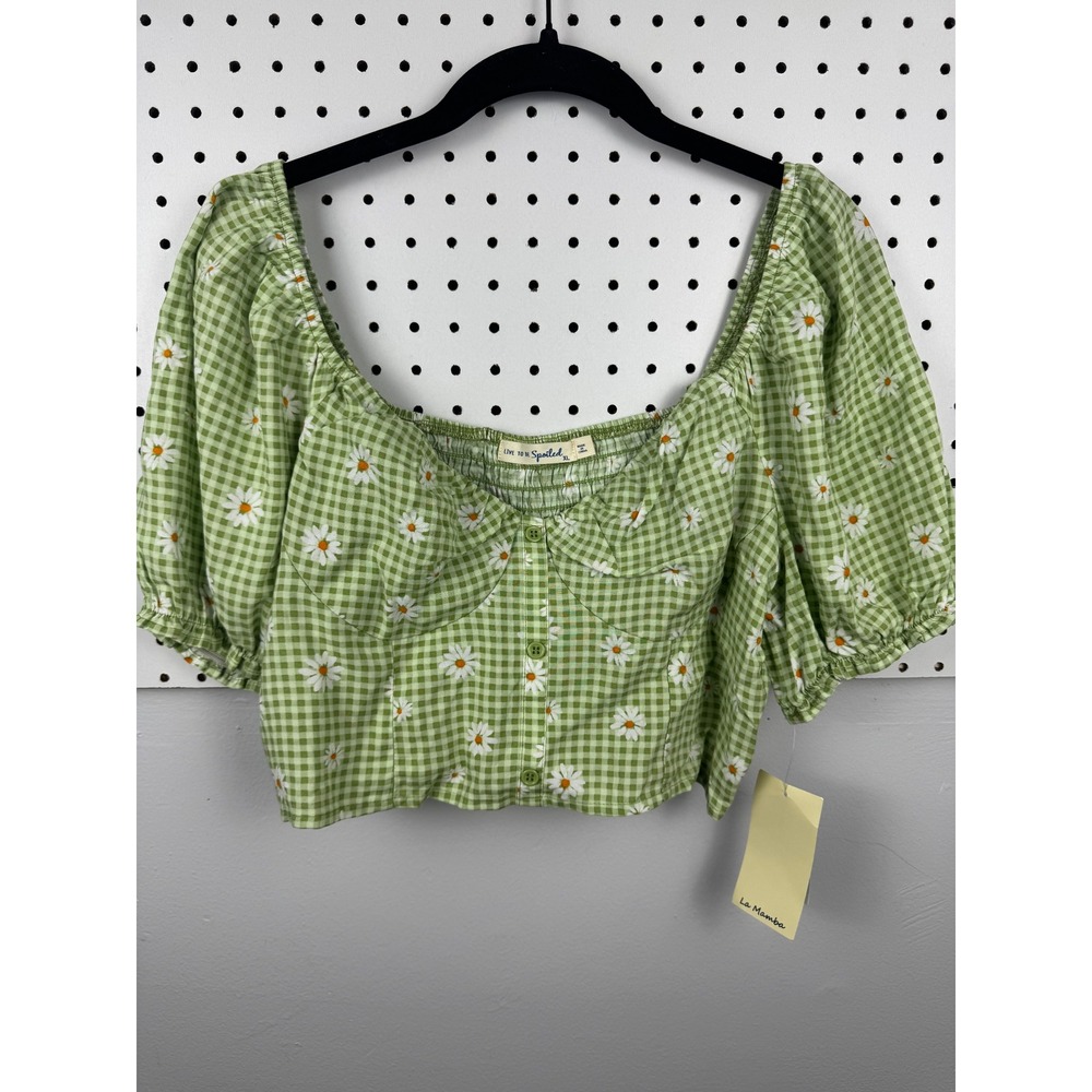 Live To Be Spoiled Green Gingham Daisy Crop Top Puff‎ Sleeve XL KOLS442J